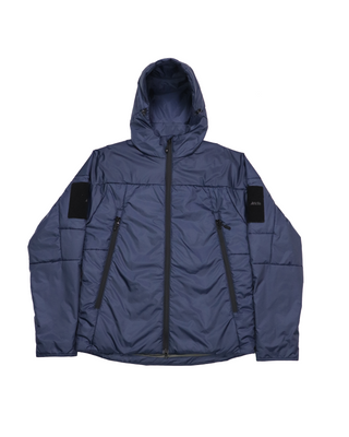 Navy blue insulated mid-layer jacket with a hood, large front pockets, and additional pockets on the sleeves